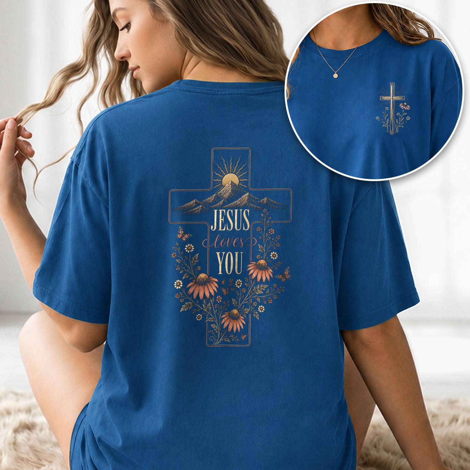 Jesus Loves You Cross Mountain Floral Christian Graphic Tee Shirt For Women Apparel - Rust Field Wear