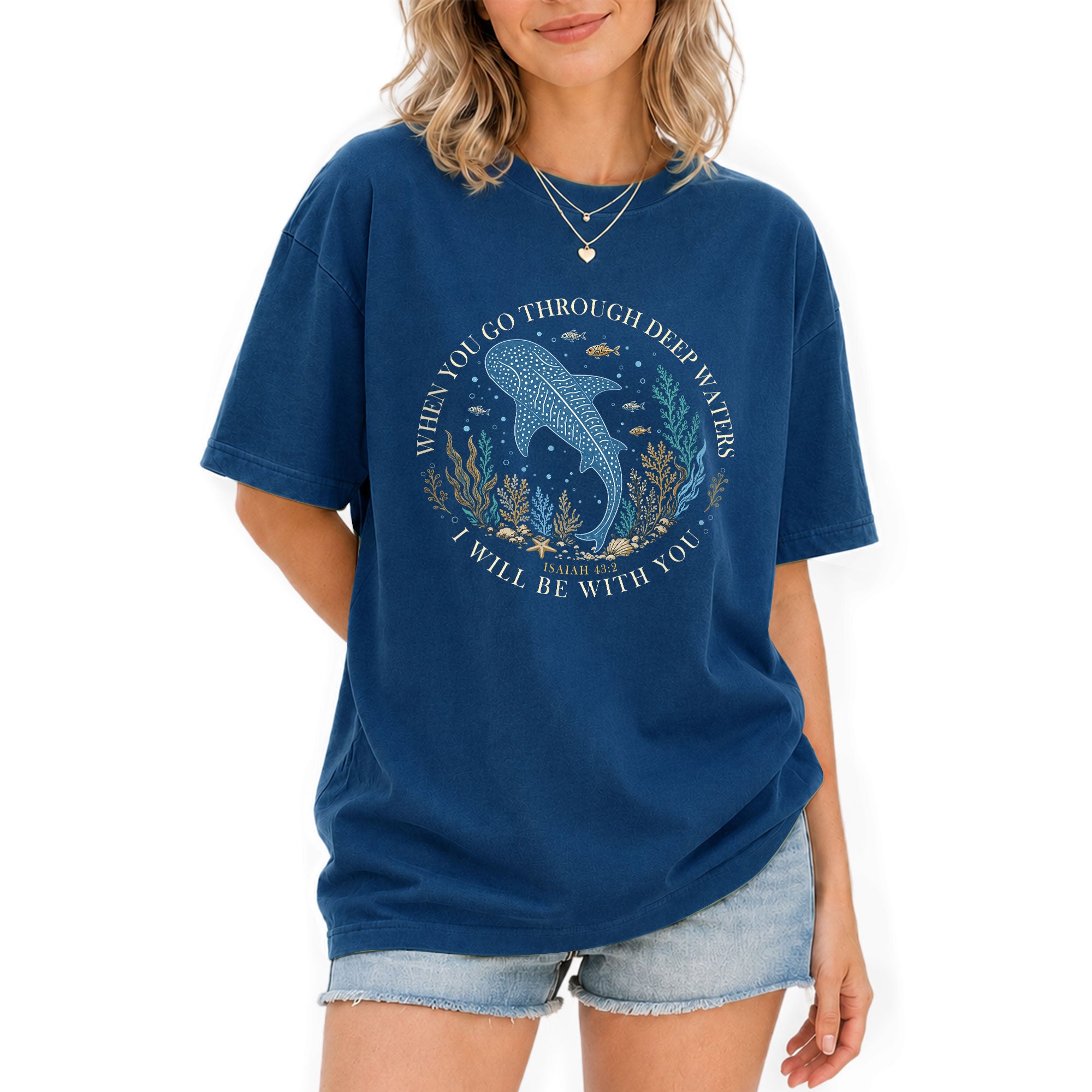 When You Go Through Deep Waters T-Shirt Women Christian Isaiah 43 2 Whale Shark Graphic