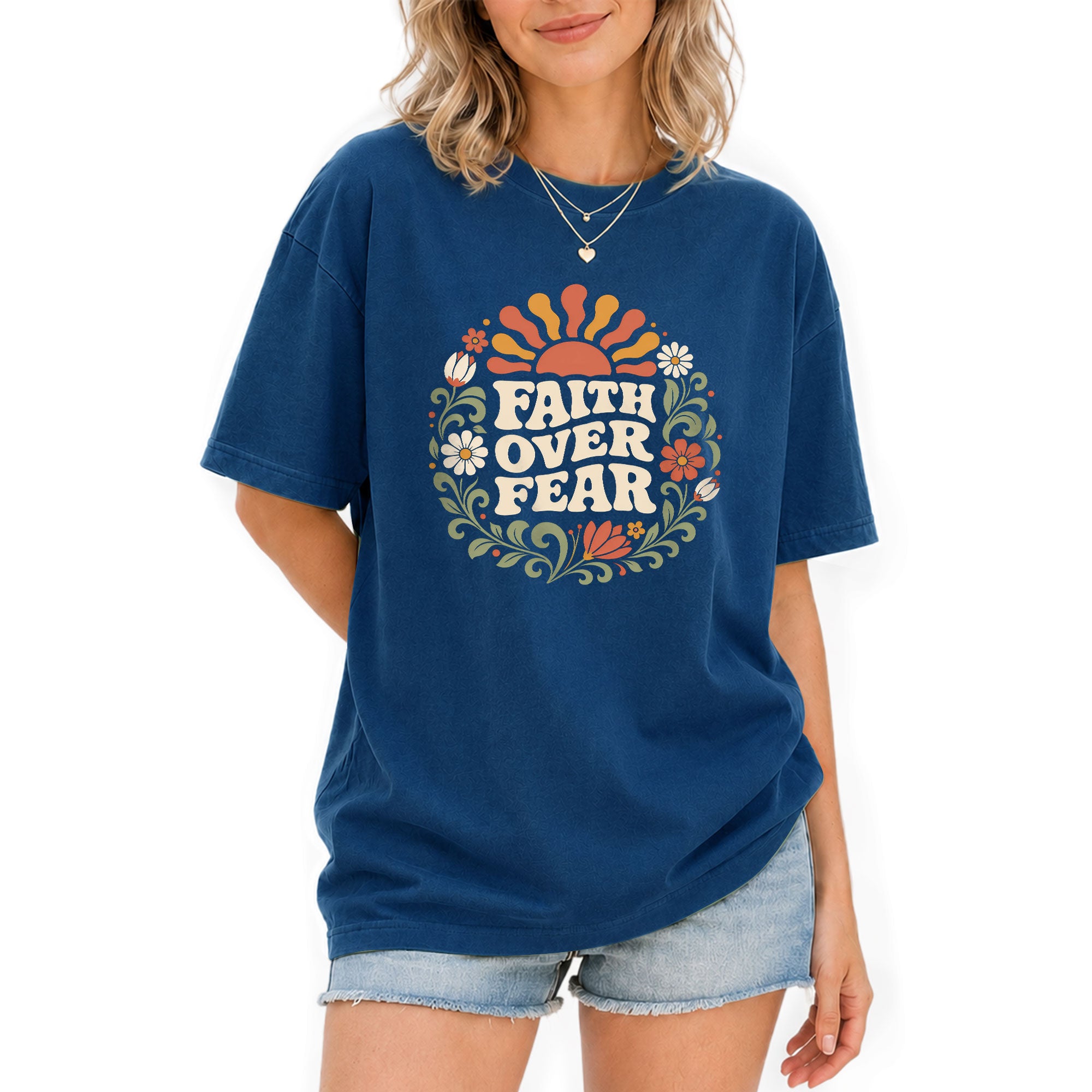 Faith Over Fear Retro Floral Sun Blue Christian Tee For Women Daily Graphic Apparel