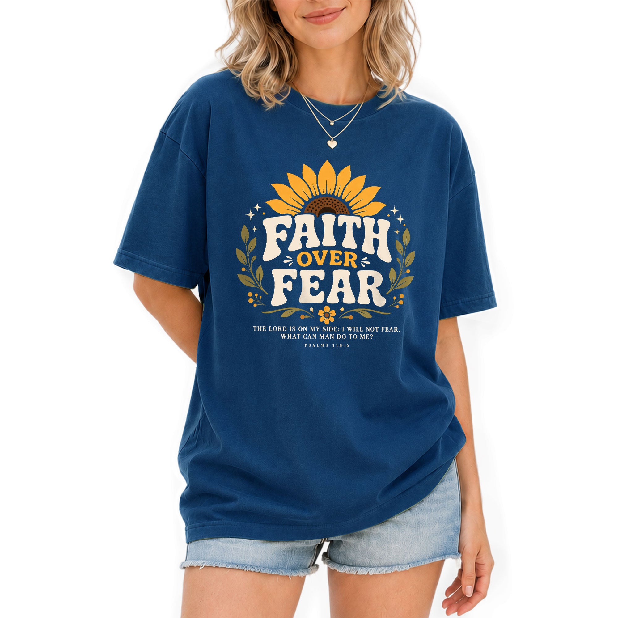 Faith Over Fear Sunflower Psalms Scripture Cute Blue Christian Tee For Women Apparel