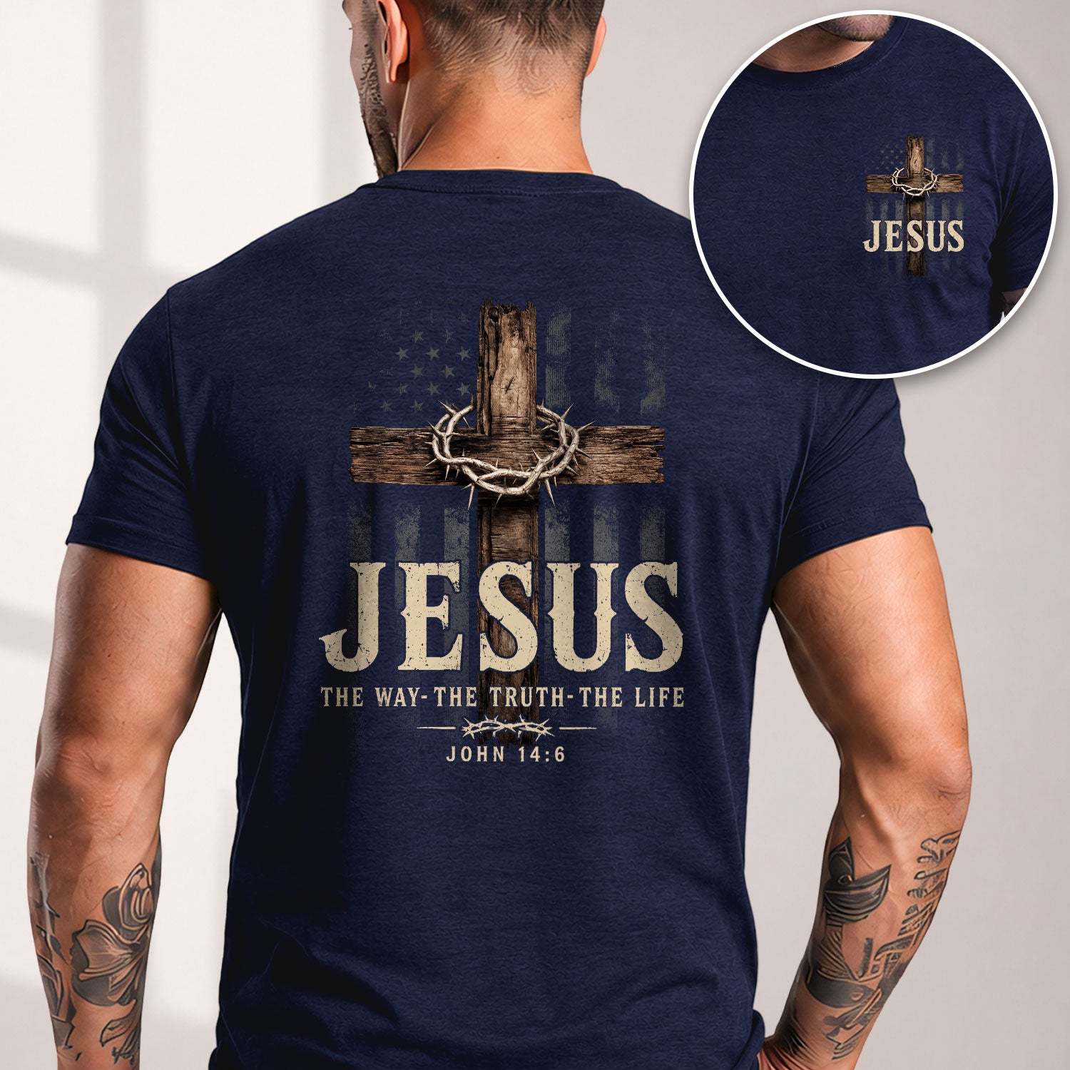 Jesus The Way The Truth The Life Men T-Shirt John 14 6 Wooden Cross Christian Graphic Tee