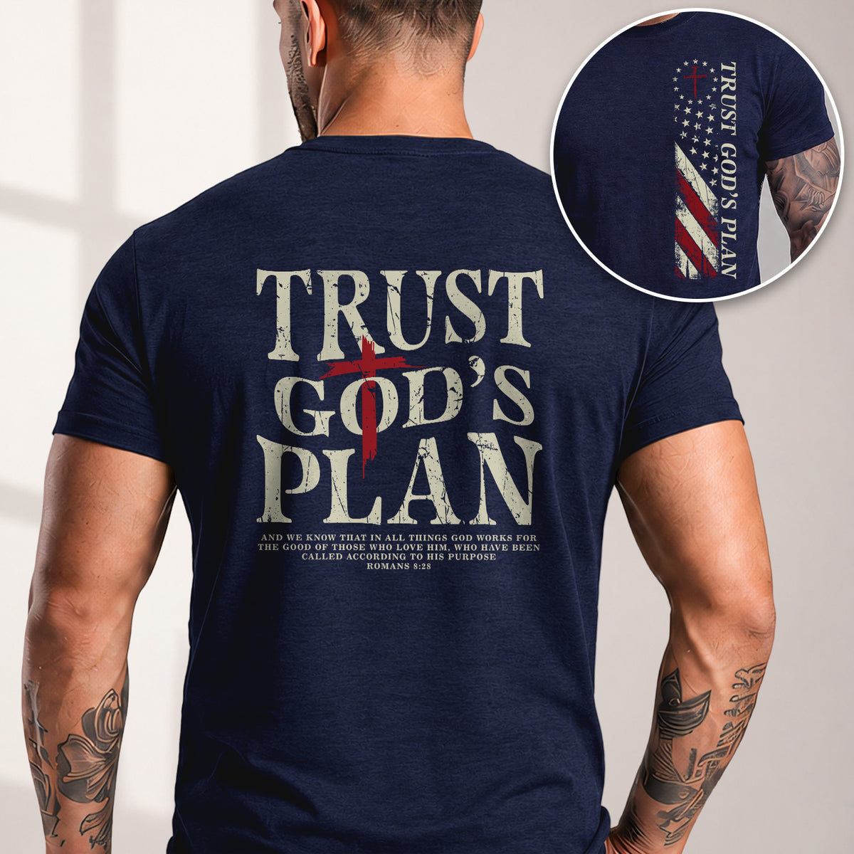 Trust Gods Plan Christian Bible Verse Cross American Flag Mens Graphic T Shirt Apparel - Rust Field Wear