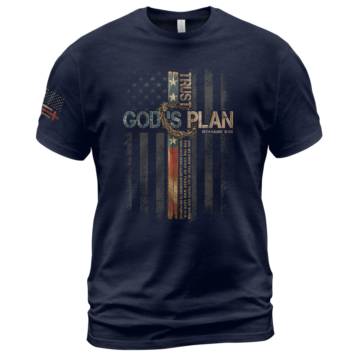 Trust Gods Plan Patriotic Cross Sleeve Print Christian Mens Graphic T Shirt Apparel - Rust Field Wear