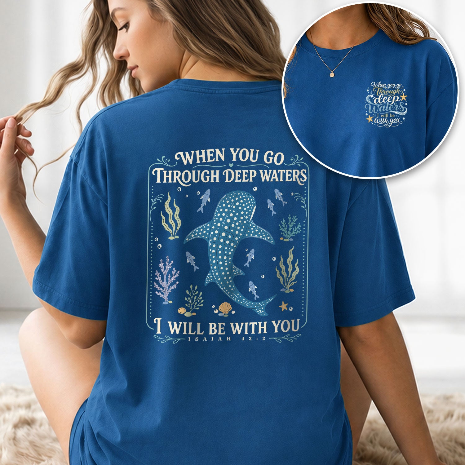 Deep Waters T-Shirt Women Isaiah 43 2 Whale Shark Ocean Bible Verse Christian Gift