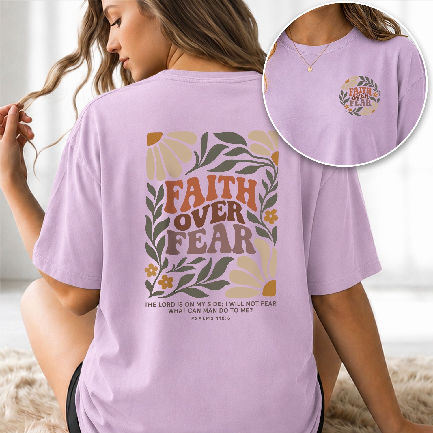 Faith Over Fear Christian Shirt Floral Bible Verse Women T-Shirt Psalms 118:6 Tee - Rust Field Wear