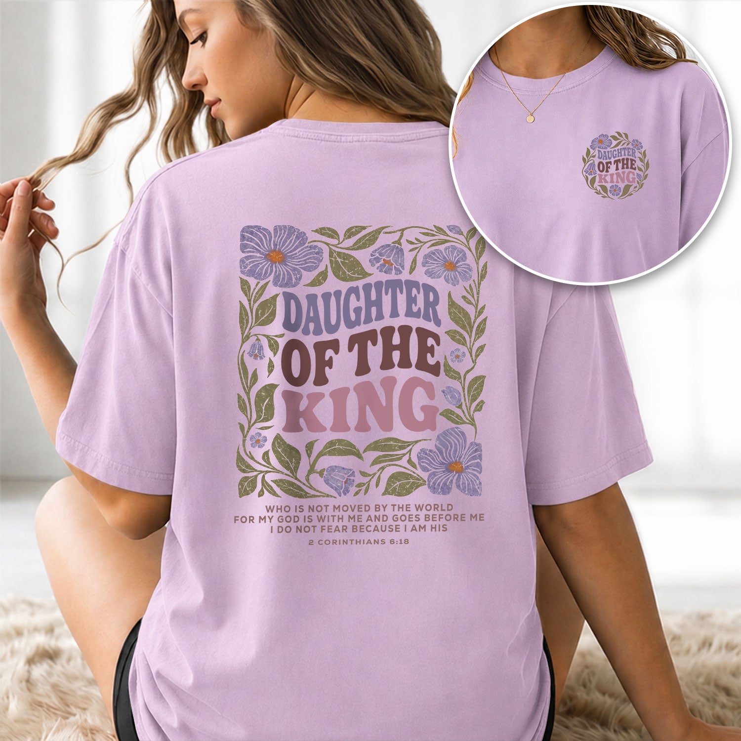 Daughter Of The King Purple Floral 2 Corinthians 6 18 Christian T Shirt Apparel Women - Rust Field Wear