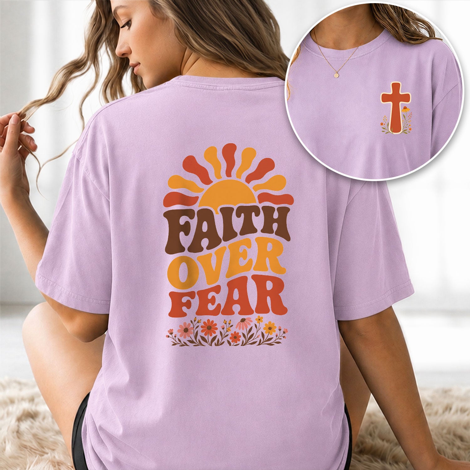 Faith Over Fear Retro Sun Floral Christian Graphic Casual Crewneck Tee Shirt Women - Rust Field Wear