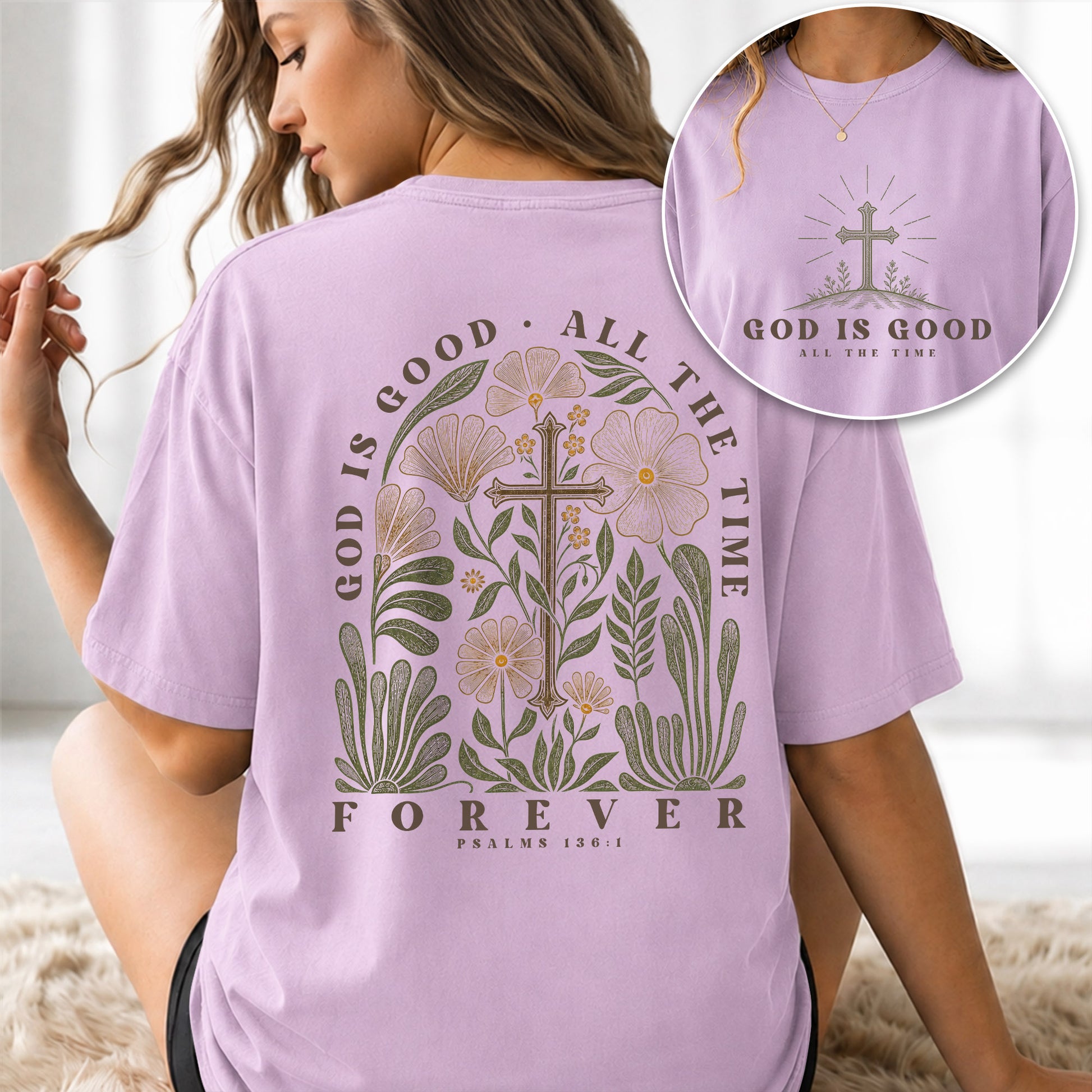 God Is Good Shirt Women Christian T-Shirt Floral Cross Faith Psalms Scripture Graphic Tee - Rust Field Wear