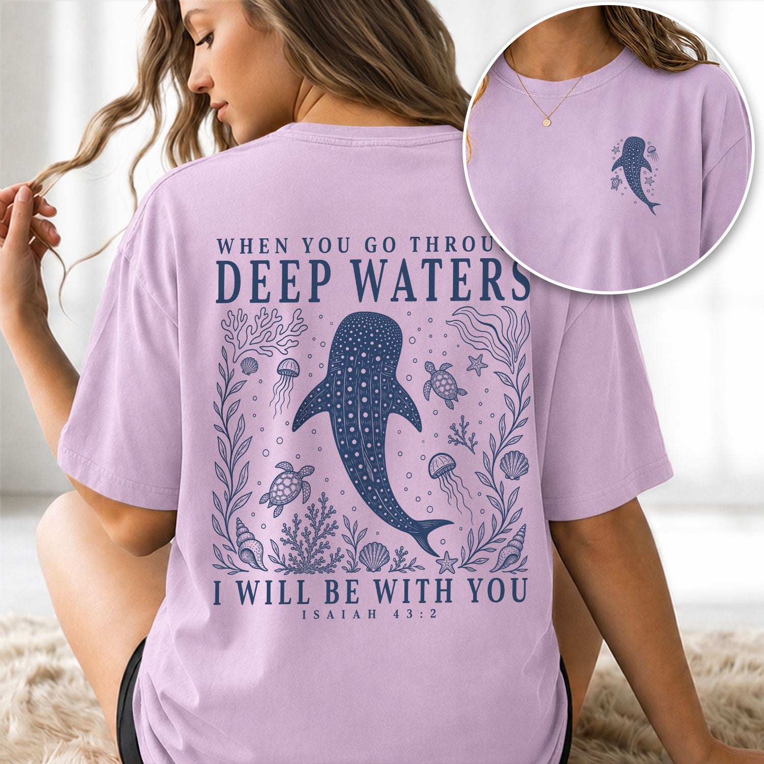 When You Go Through Deep Waters Whale Isaiah 43 2 Christian Graphic Tee Shirt Women - Rust Field Wear