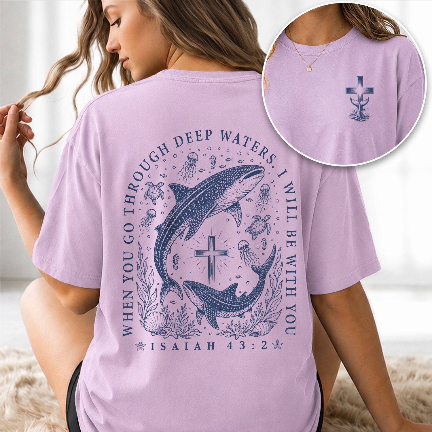 When You Go Through Deep Waters Whale Cross Christian Graphic Tee Shirt For Women - Rust Field Wear