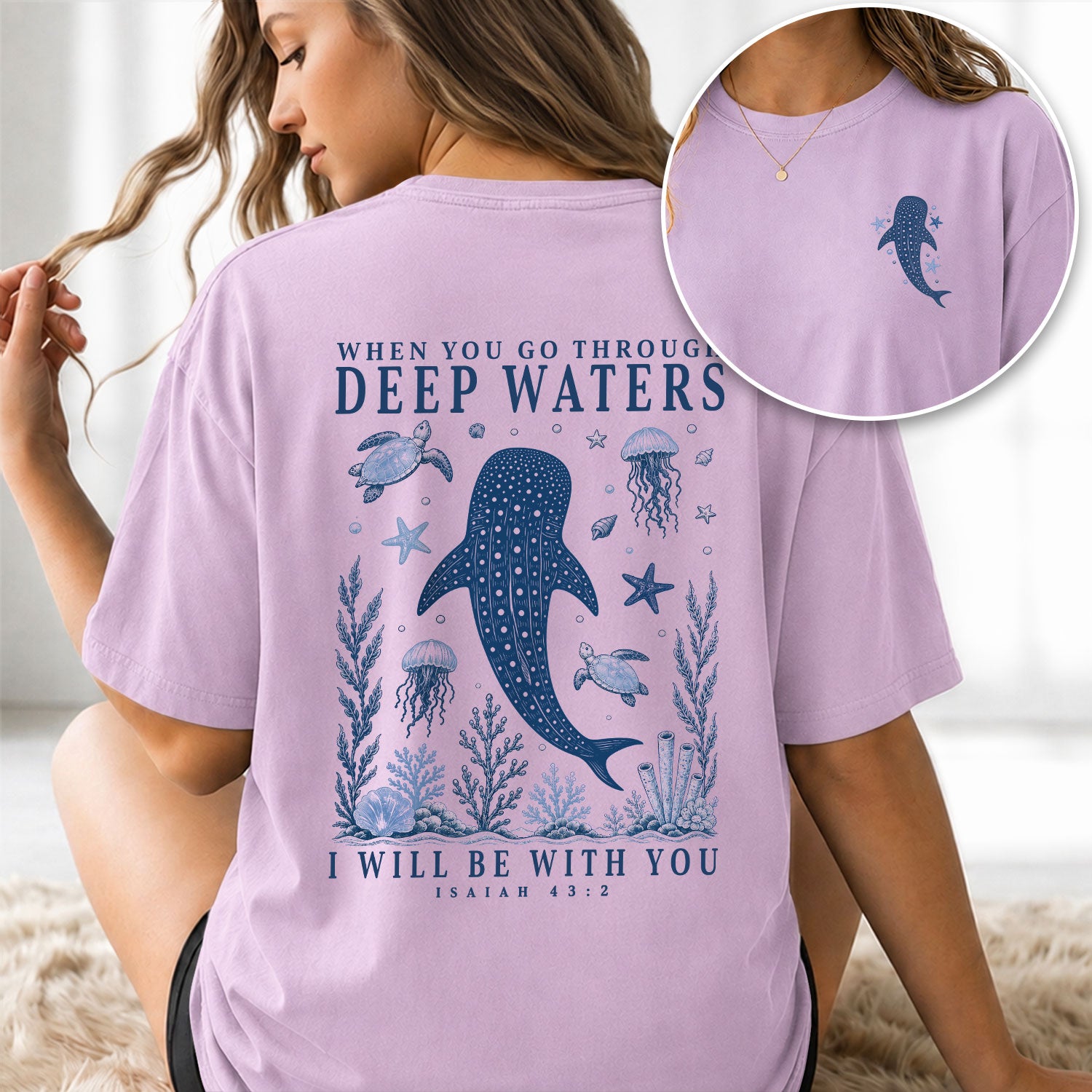 When You Go Through Deep Waters Whale Isaiah 43 2 Christian Graphic Tee Shirt For Women - Rust Field Wear
