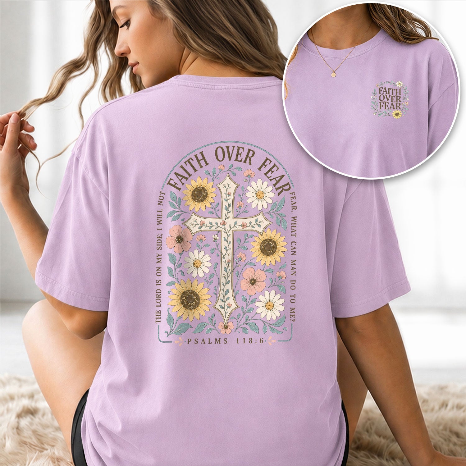 Christian T-Shirt Women Floral Cross Graphic Tee Faith Over Fear Bible Verse Tops Sunflower