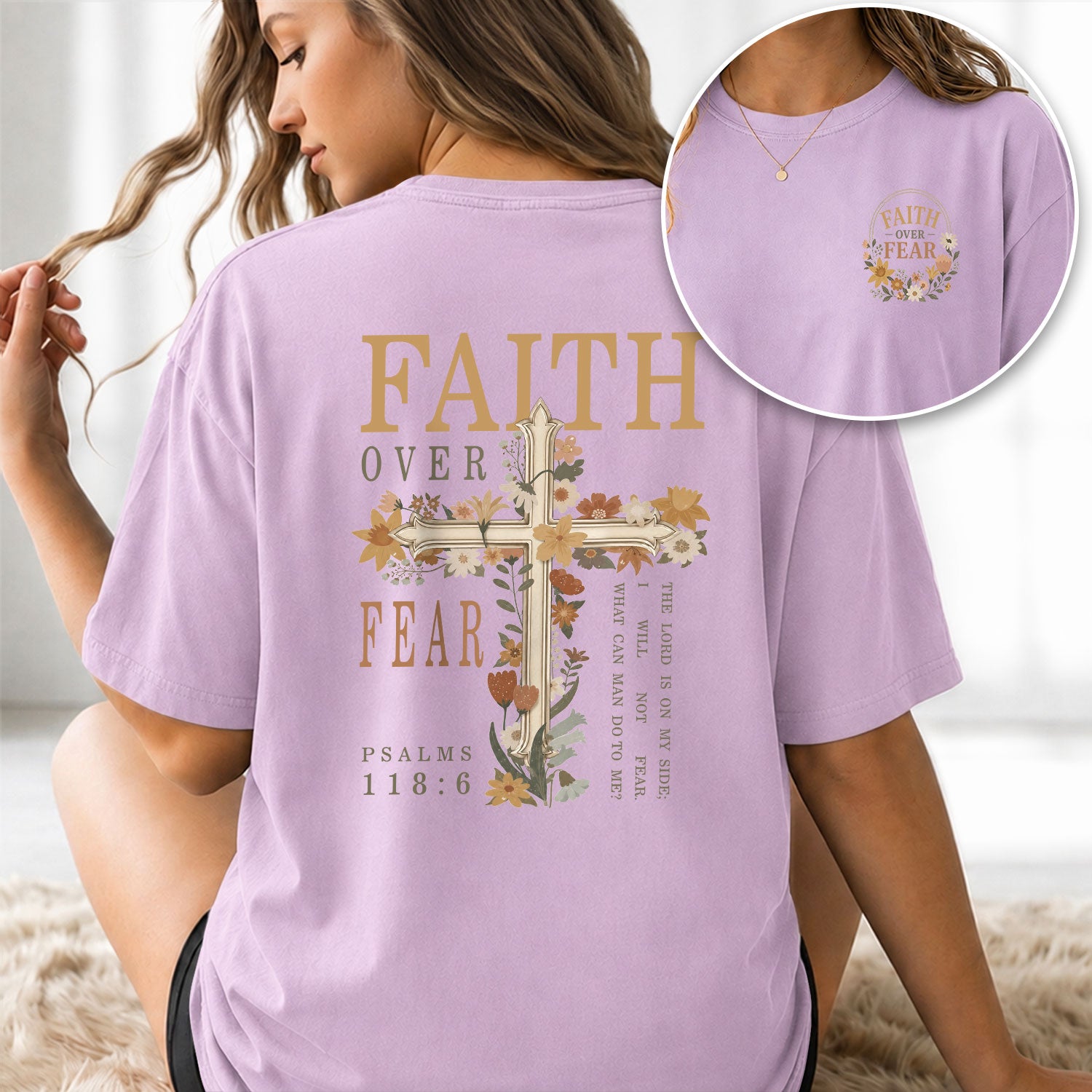 Faith Over Fear Shirt Women Vintage Floral Cross T-Shirt Psalms 118 Bible Verse Tee Tops