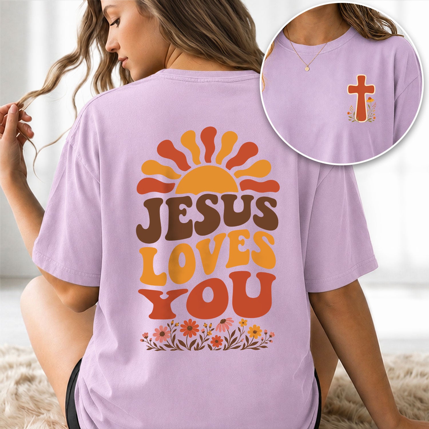Jesus Loves You Retro Sun Floral Christian Graphic Tee Shirt For Women Everyday Wear - Rust Field Wear