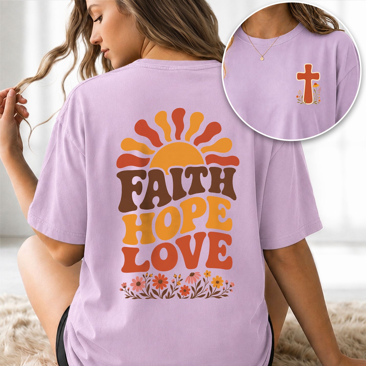 Faith Hope Love Retro Sun Floral Christian Graphic Tee Shirt For Women Everyday Wear - Rust Field Wear