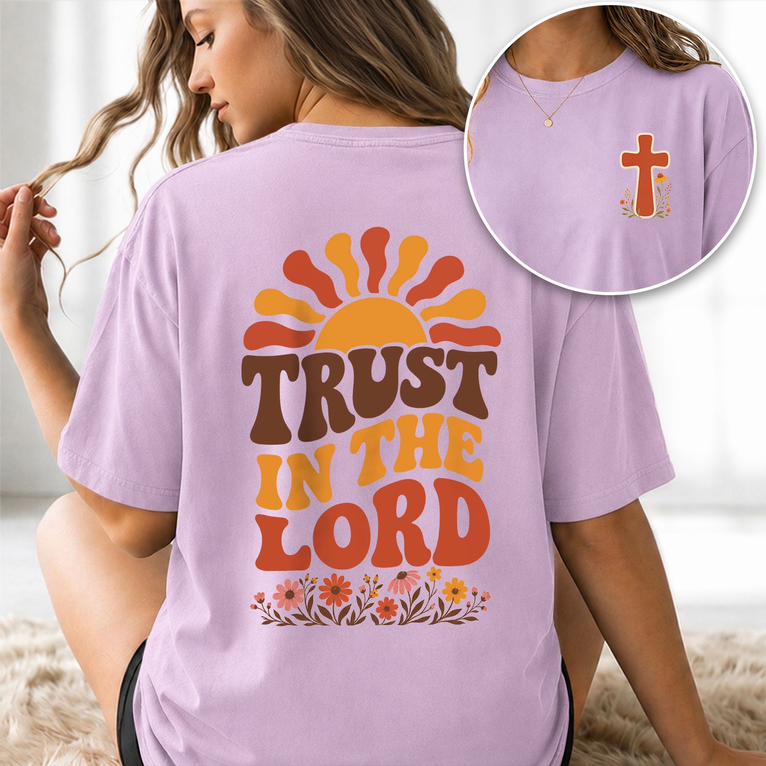 Trust In The Lord Retro Sun Floral Christian Graphic Tee Shirt For Women Apparel - Rust Field Wear