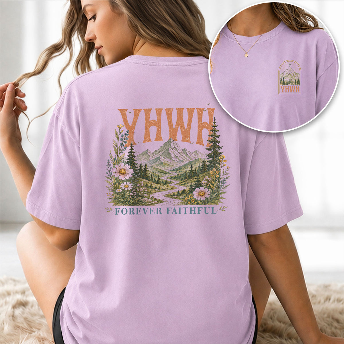 Spiritual Christian YHWH Mountain Nature Aesthetic Women Graphic Tee Shirt Vintage - Rust Field Wear
