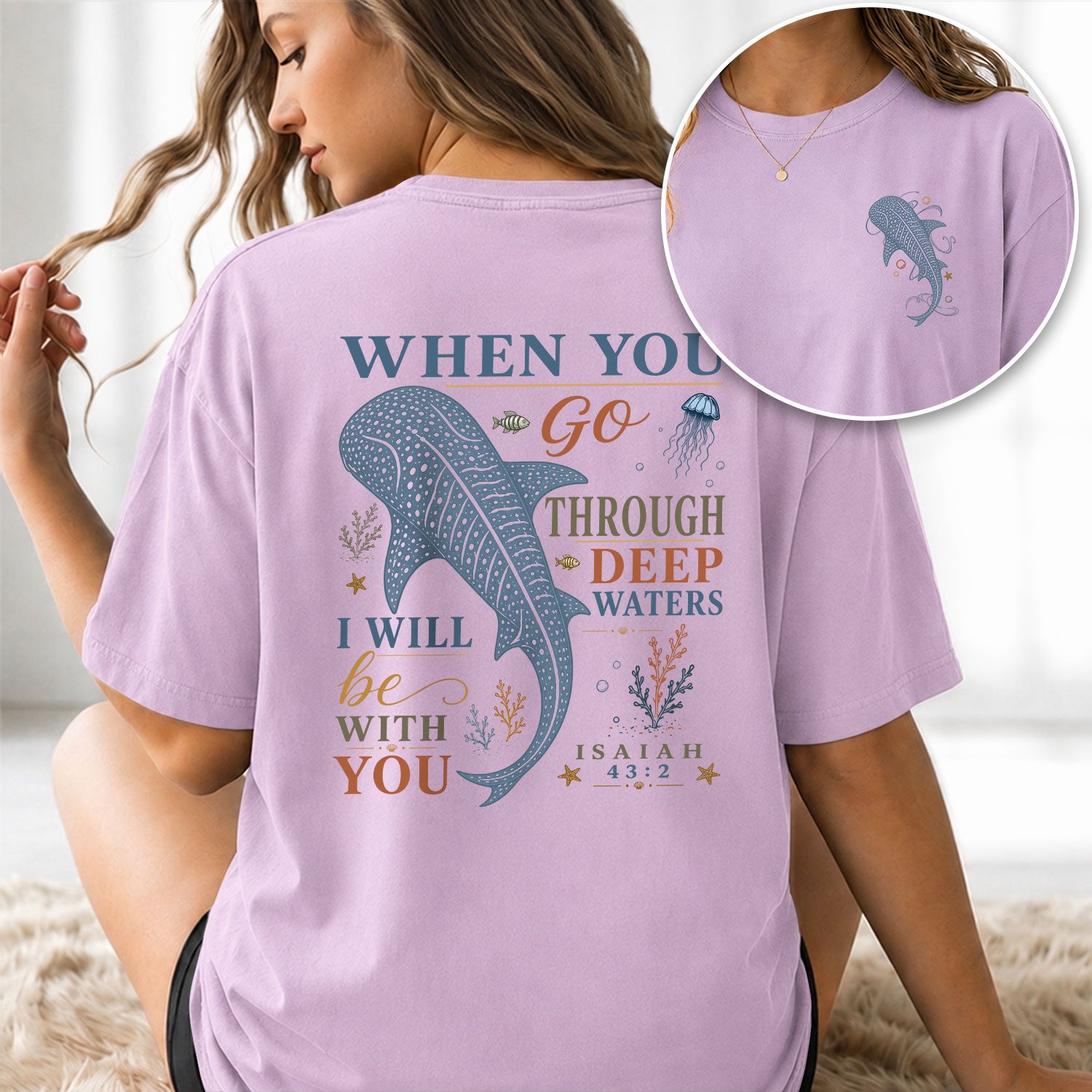 Deep Waters T-Shirt Women Colorful Typography Whale Shark Graphic Tee Isaiah 43 2 Faith