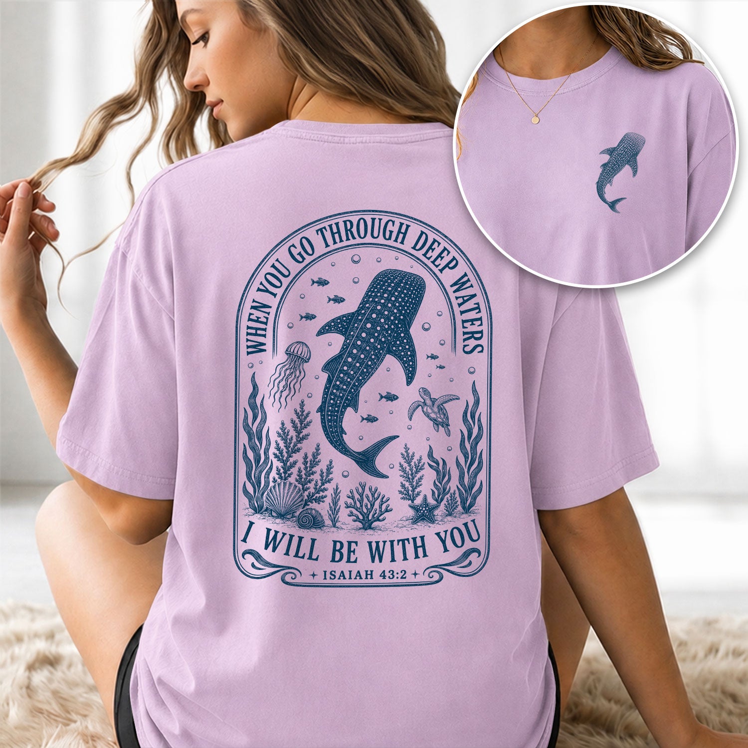 When You Go Through Deep Waters T-Shirt Isaiah 43 2 Whale Shark Christian Bible Verse