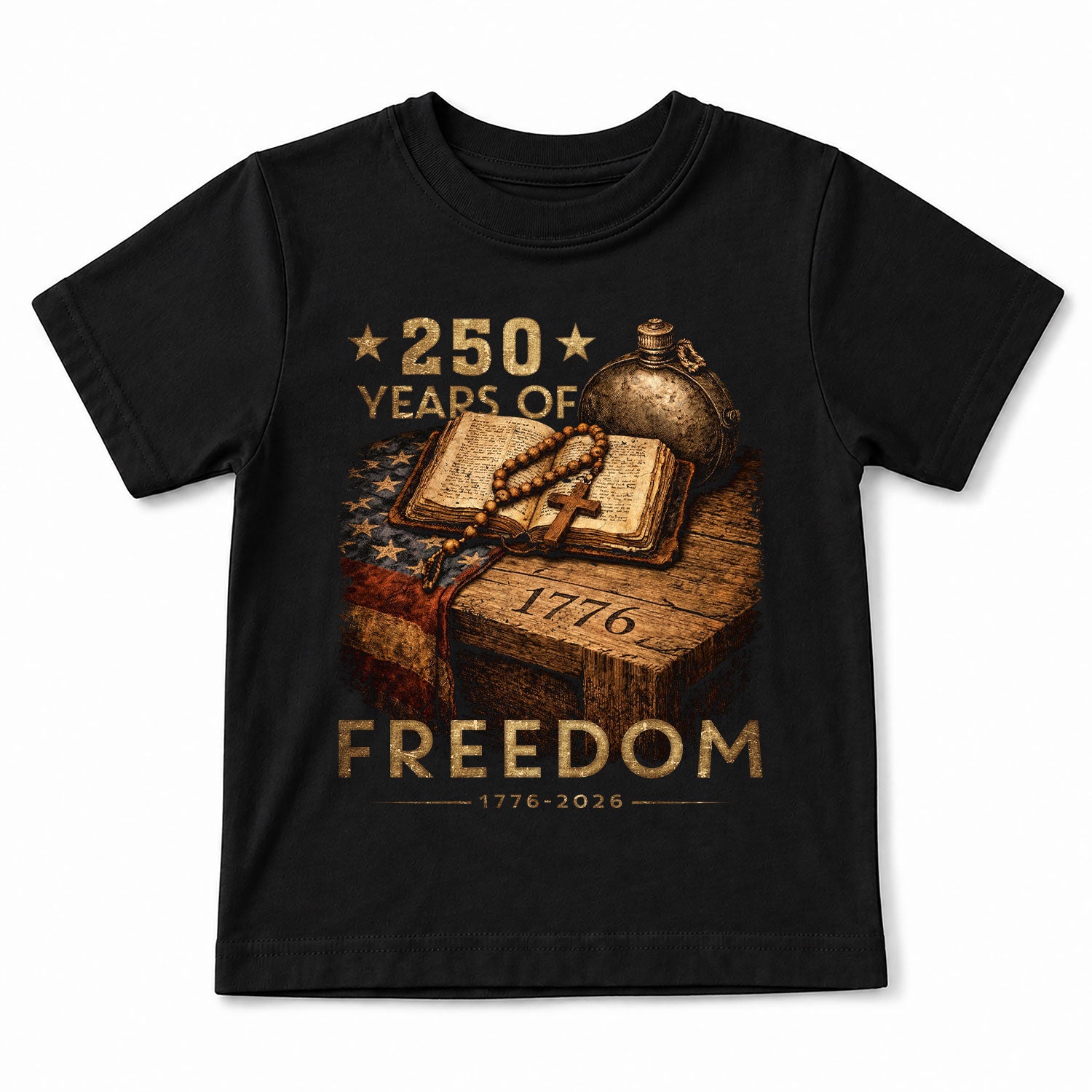 250 Years of Freedom Kids Tee 1776–2026 Faith and Patriotism Graphic Shirt