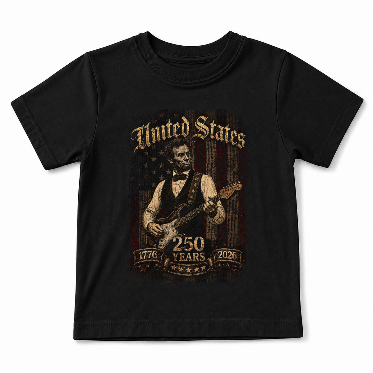 T-Shirt Kid Abraham Lincoln Guitar 1776-2026 Patriotic America 250 Years Youth Top - Rust Field Wear