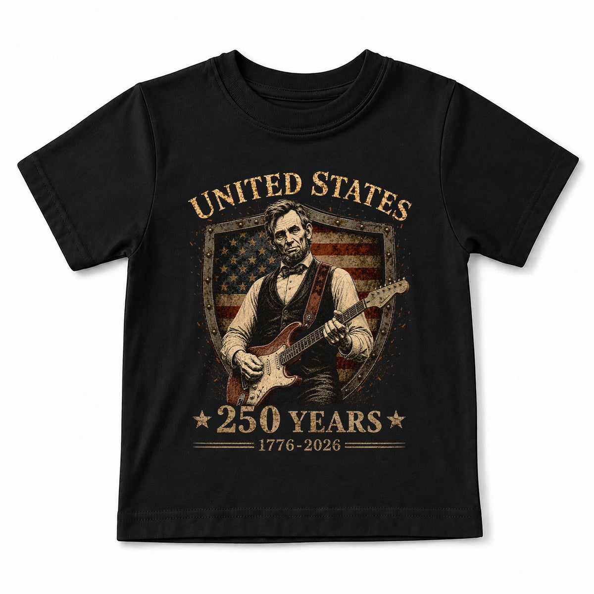 T-Shirt Kid Shield Abraham Lincoln Guitar 1776-2026 America 250 Years Patriotic Tee - Rust Field Wear