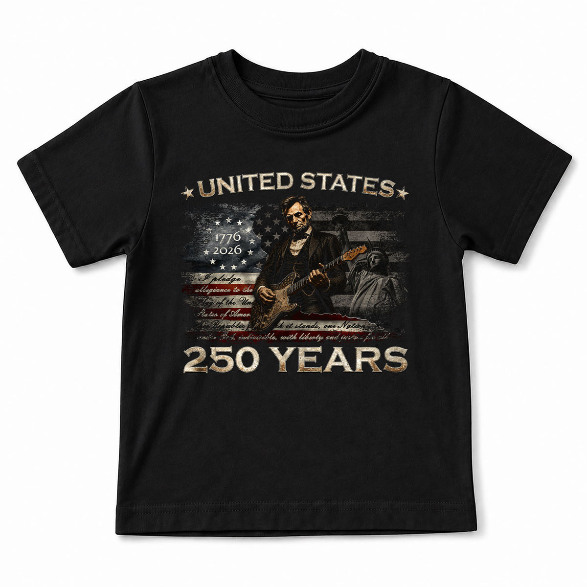 Kids America 250 Years T-Shirt 1776–2026 Lincoln Patriotic Guitar Youth Tee - Rust Field Wear