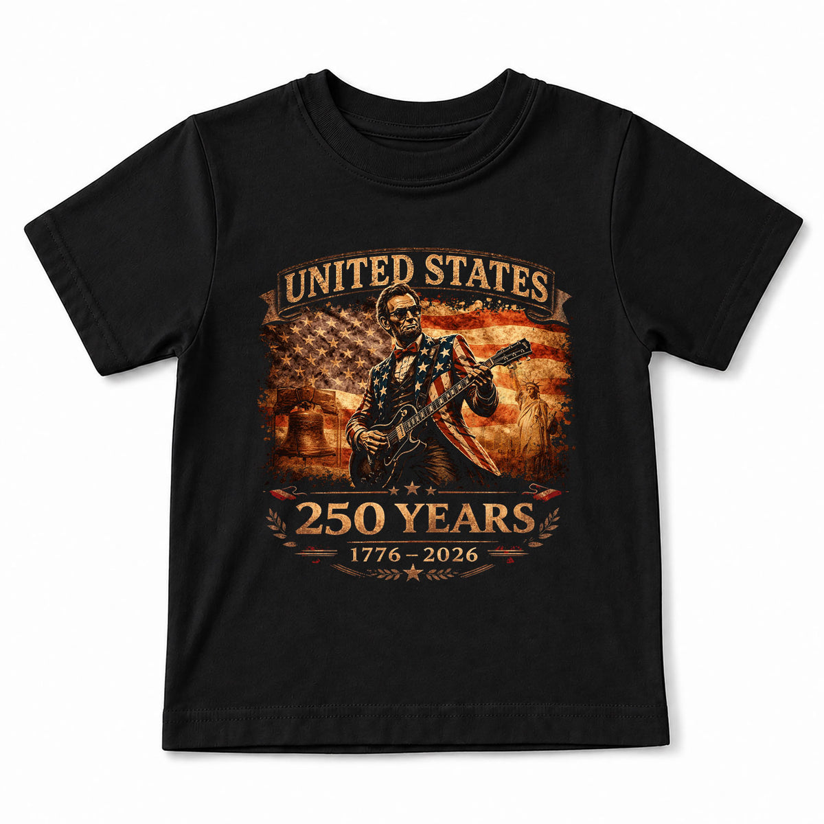Kids America 250 Years T-Shirt 1776–2026 Lincoln Guitar Patriotic Youth Graphic Tee - Rust Field Wear