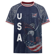 Navy Blue USA Soccer Jersey Bald Eagle Football Shirt Patriotic American Flag Sports Fan Apparel for Men - Rust Field Wear