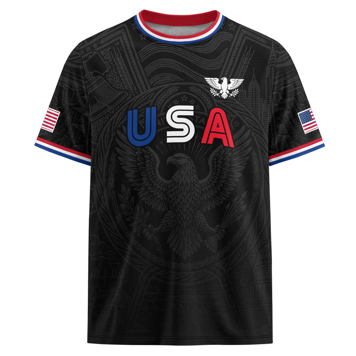 USA Patriotic Soccer Jersey Adult Black Eagle American Flag Independence Day Shirt