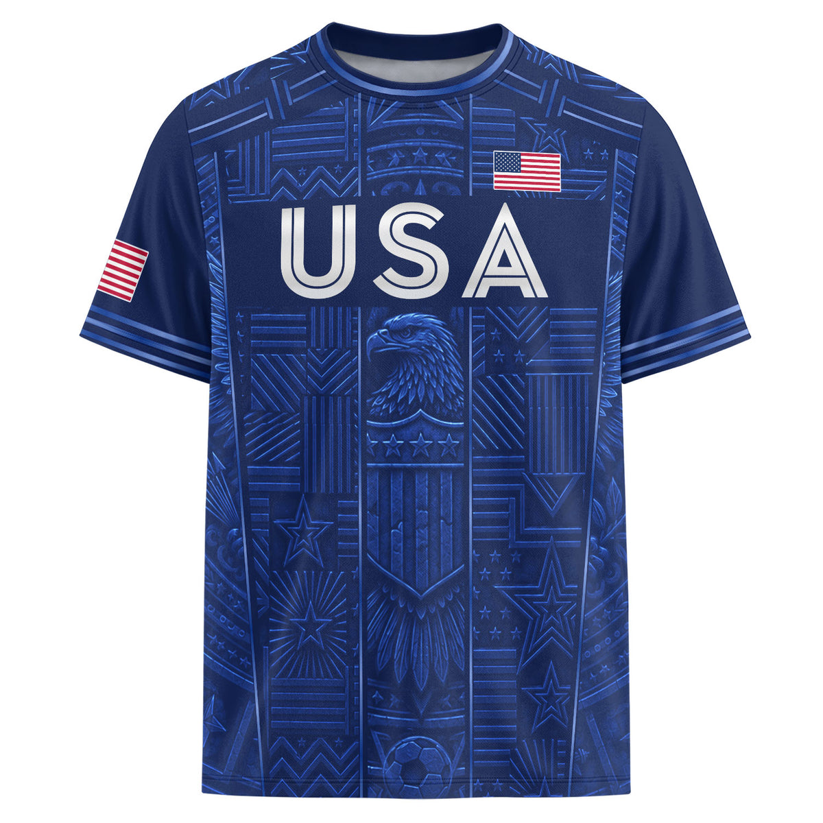 USA Soccer Jersey Men Navy Blue Eagle Star Pattern Patriotic Football T-Shirt