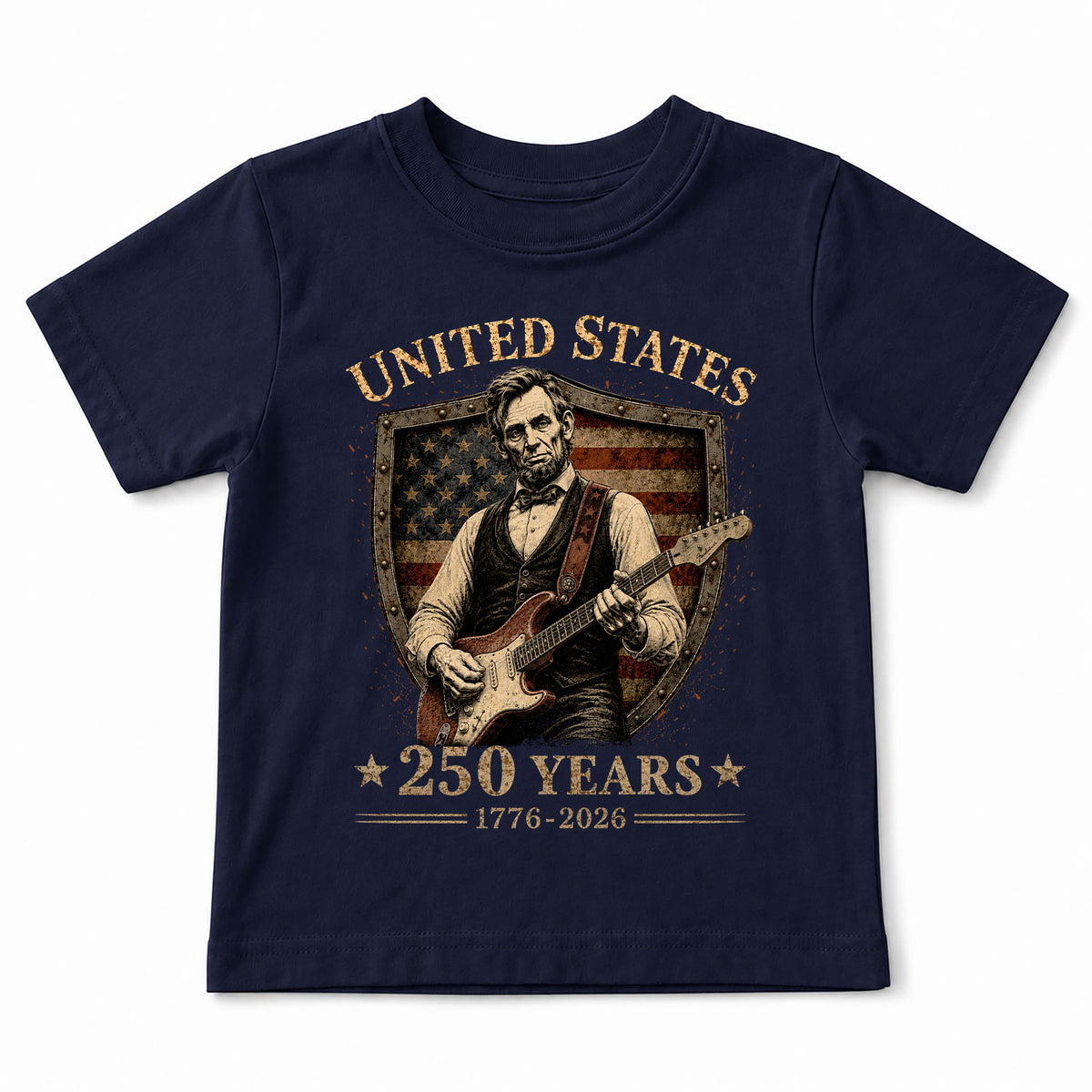 T-Shirt Kid Shield Abraham Lincoln Guitar 1776-2026 America 250 Years Patriotic Tee - Rust Field Wear