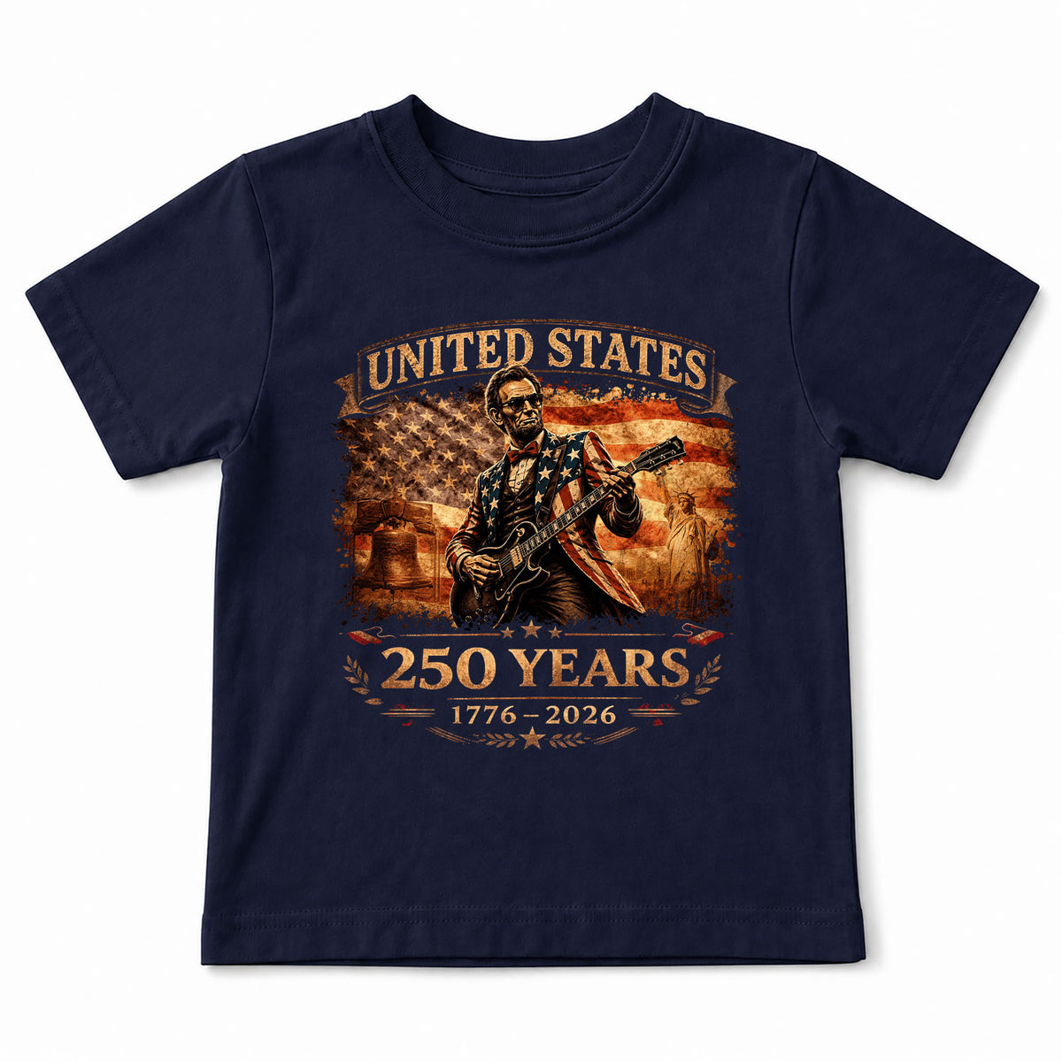 Kids America 250 Years T-Shirt 1776–2026 Lincoln Guitar Patriotic Youth Graphic Tee - Rust Field Wear