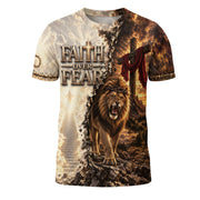 Inspirational Faith Over Fear Lion Cross Christian Graphic Athletic Team Shirt Top