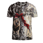 Spiritual Faith Over Fear Lion Cross Christian Graphic Athletic Team Shirt Top Garment