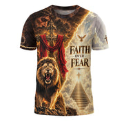 Devotional Faith Over Fear Lion Cross Christian Graphic Athletic Team Shirt Top Garment