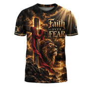 Steadfast Faith Over Fear Lion Cross Christian Graphic Athletic Team Shirt Top Garment