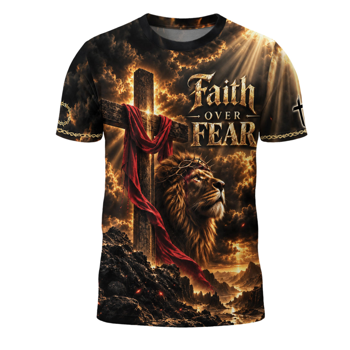 Steadfast Faith Over Fear Lion Cross Christian Graphic Athletic Team Shirt Top Garment