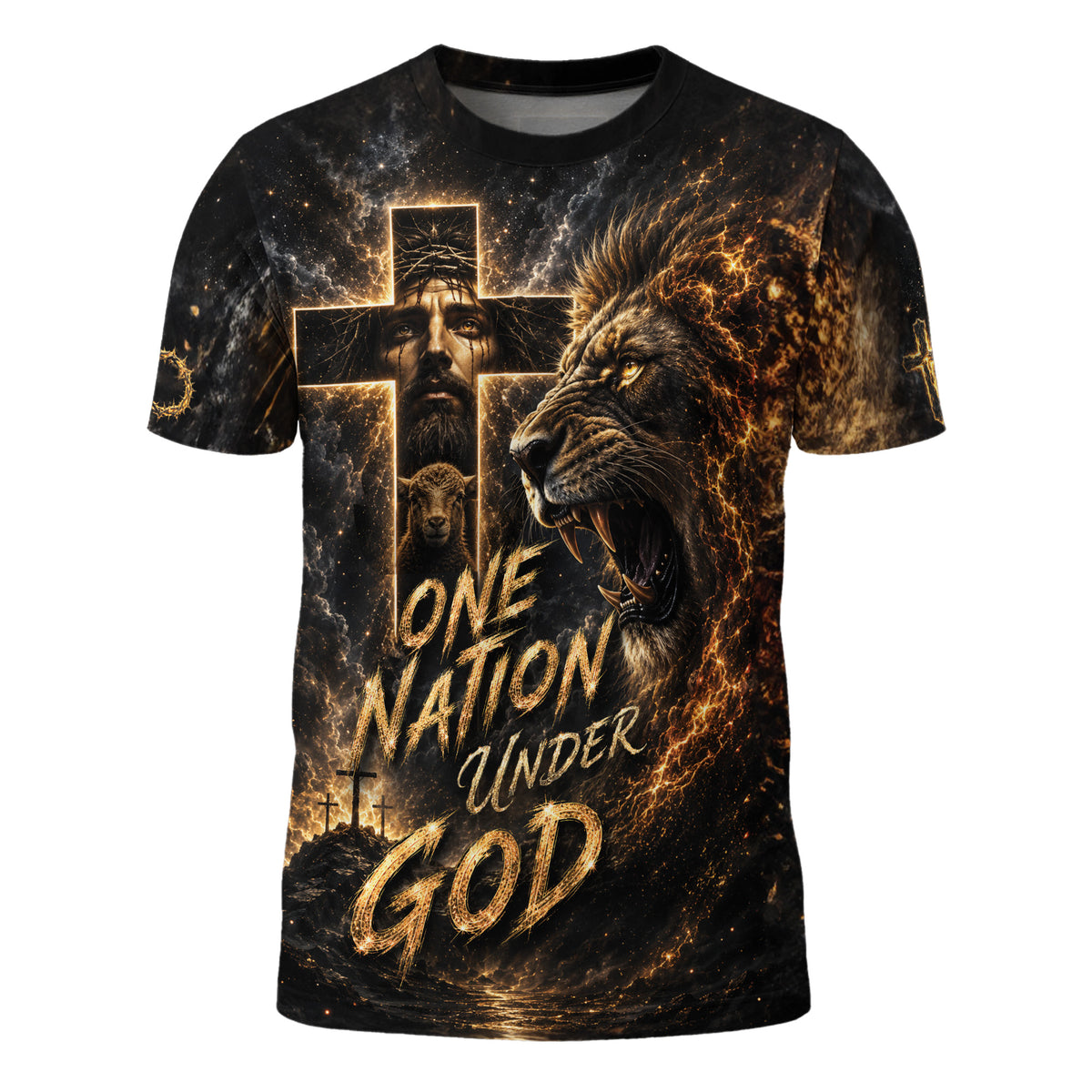 Christian Tee Shirts, Christian Shirts for Men - One Nation Under God Christian Jesus Lion Lamb Cross Graphic Tee - Rust Field Wear