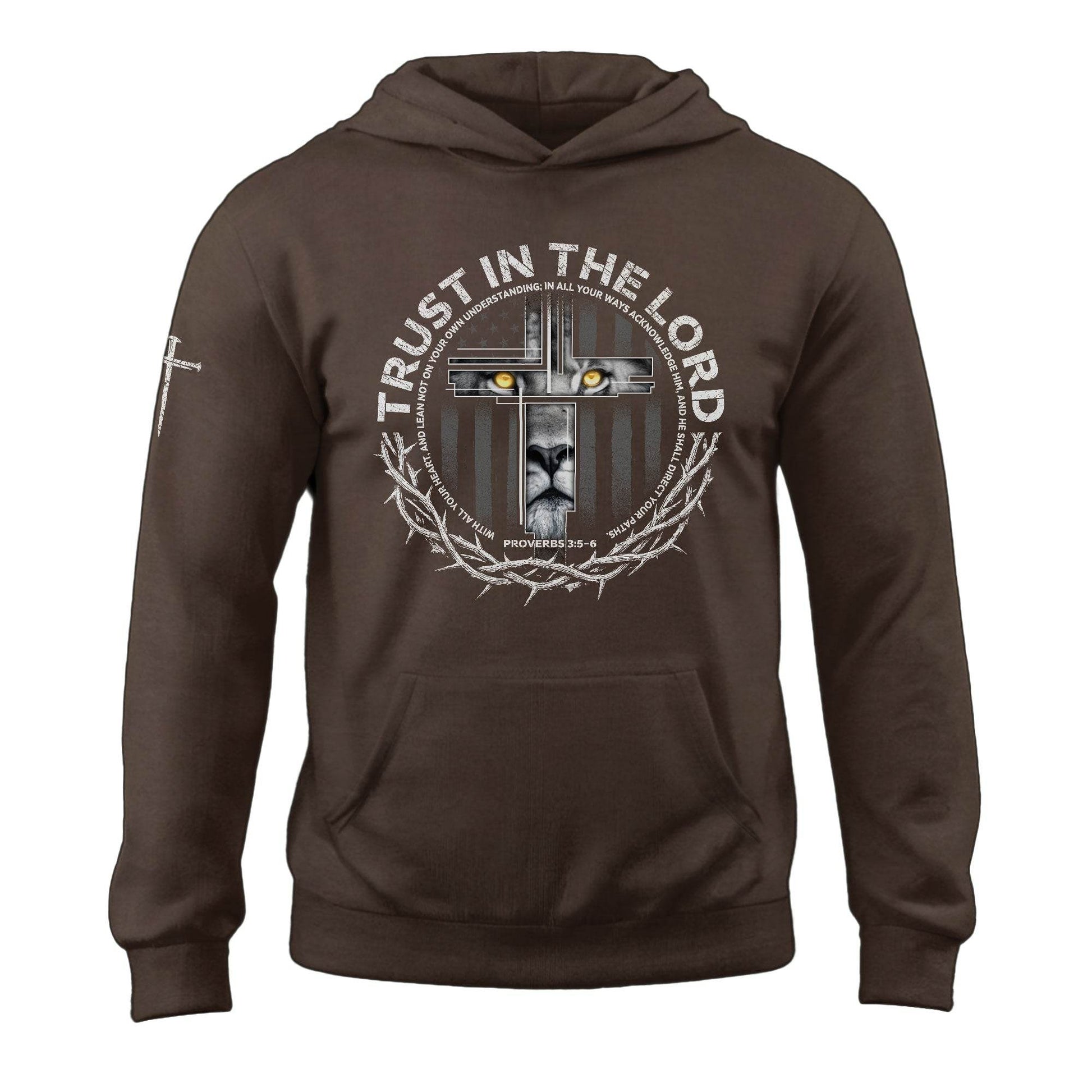 Trust In The Lord Hoodie – Lion Cross Proverbs 3:5-6 Christian Apparel - Rust Field Wear