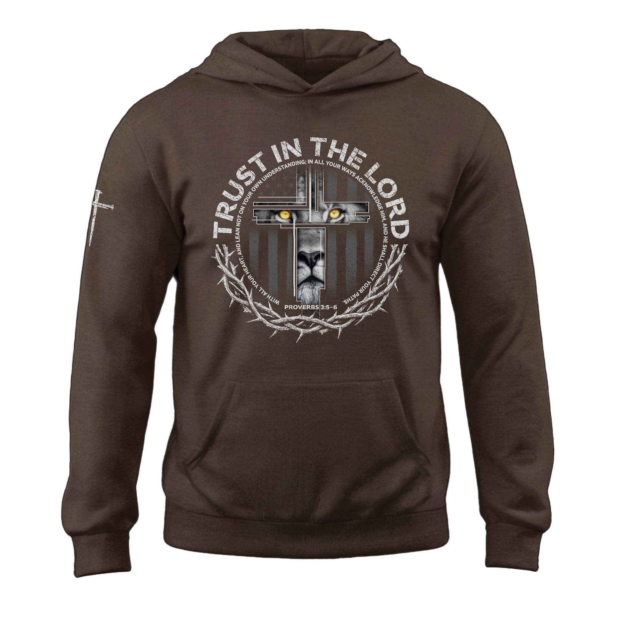 Trust In The Lord Hoodie – Lion Cross Proverbs 3:5-6 Christian Apparel - Rust Field Wear
