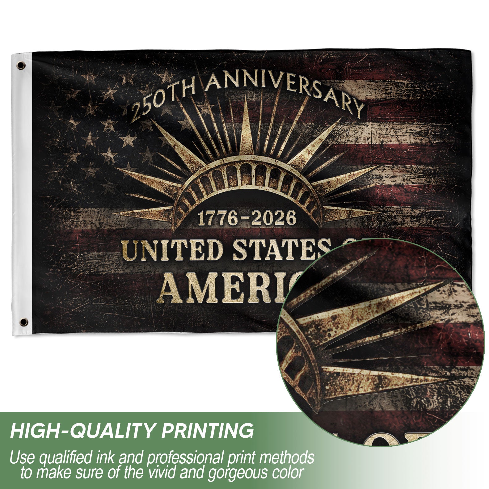 USA 250th Anniversary Flag 1776–2026 – Vintage American Flag with Liberty Crown Design - Rust Field Wear