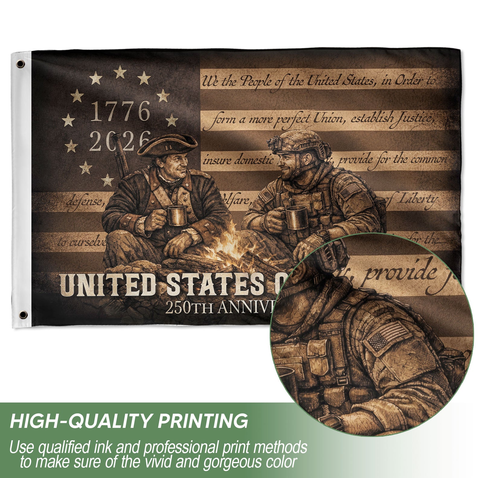 United States of 250 Years America Anniversary Flag 1776-2026 Patriotic Past Present Then and Now Soldiers Design