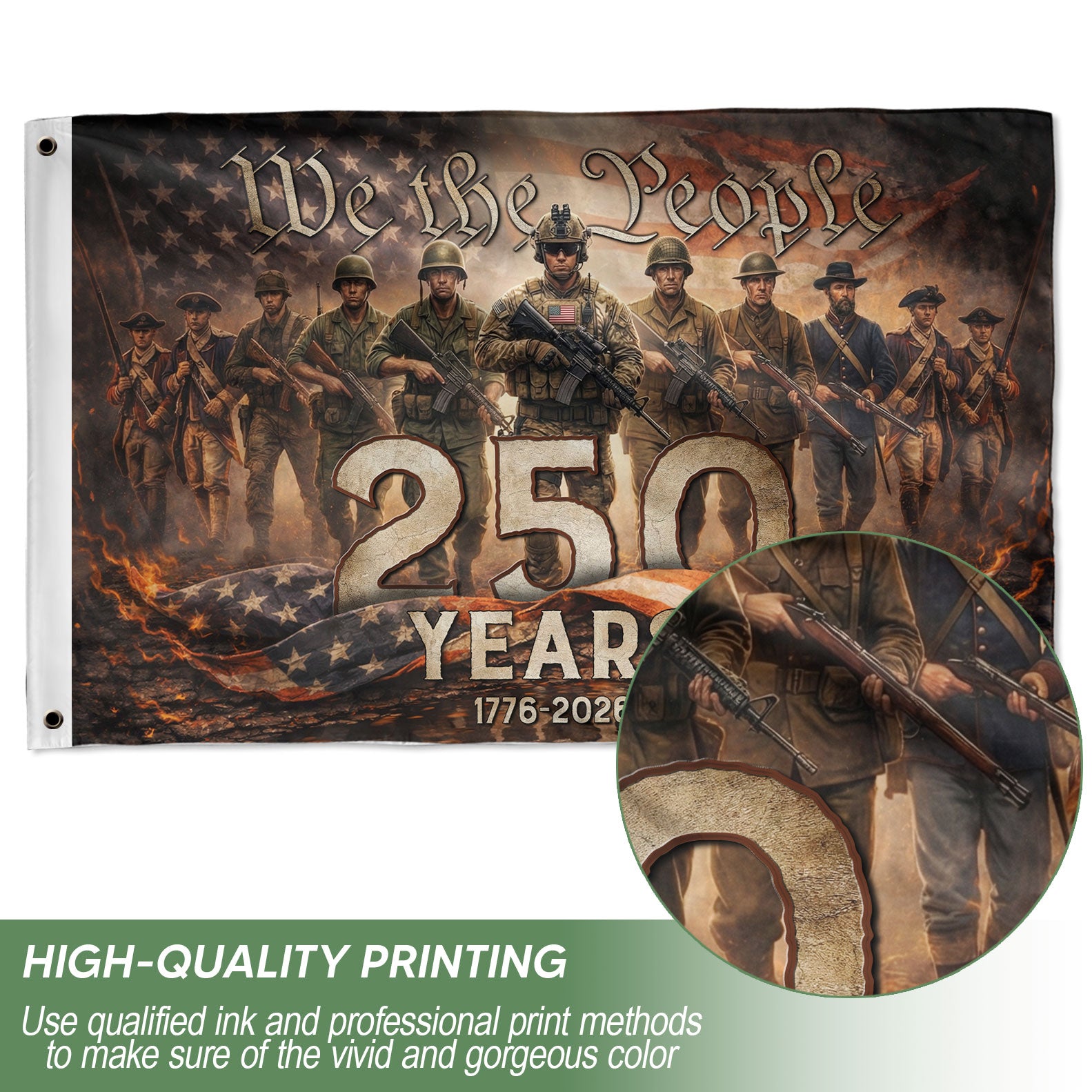 American 250th Anniversary Flag 250 Years 1776-2026 We The People Patriotic Past Present Soldiers