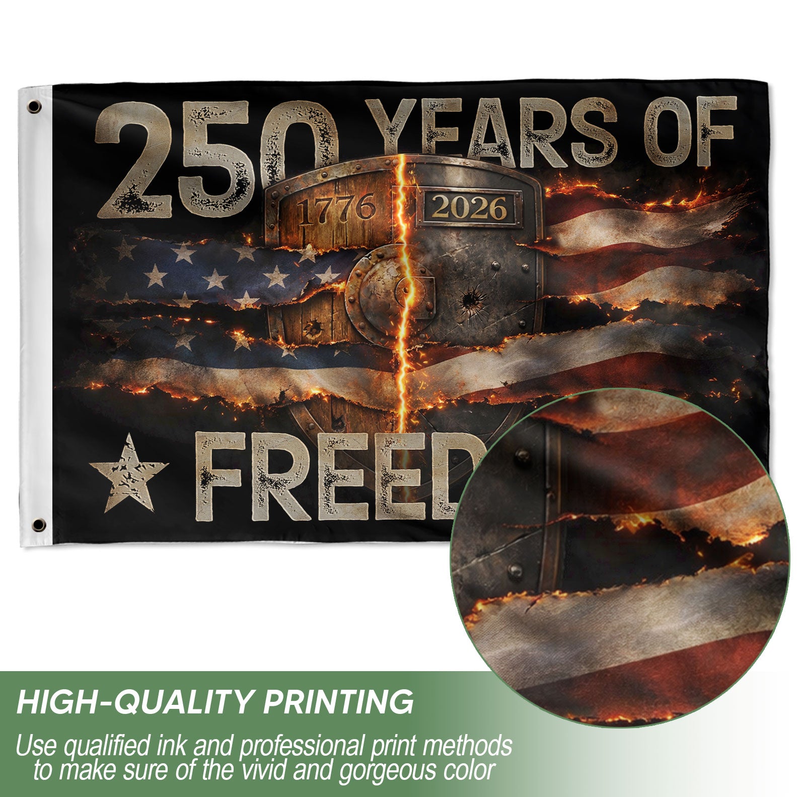 USA 250th Anniversary Flag 250 Years of Freedom 1776-2026 Burning Metal Shield Patriotic