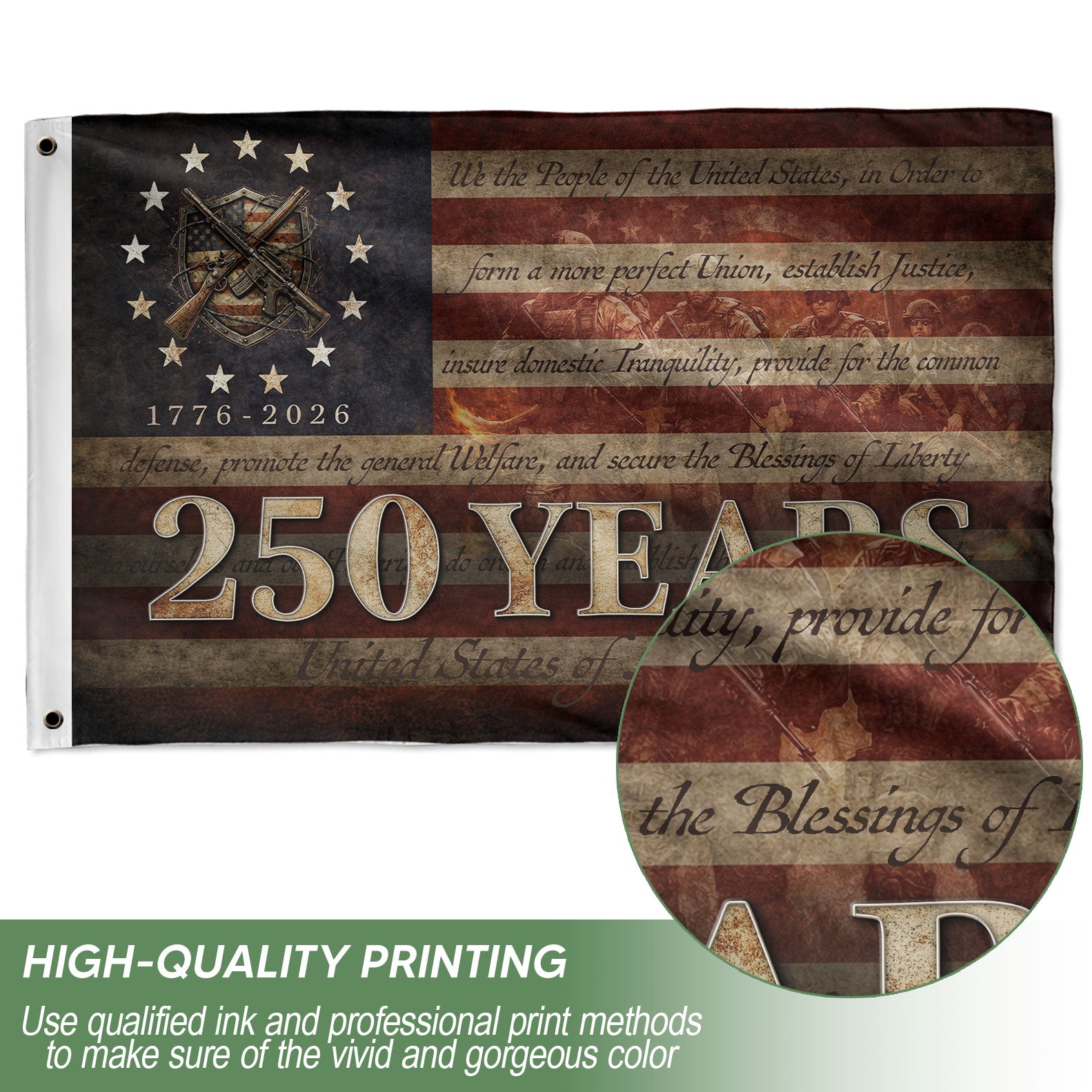 United States of 250 Years America Flag 250th Anniversary 1776-2026 Tactical Metal Shield Crossed Rifles Patriotic
