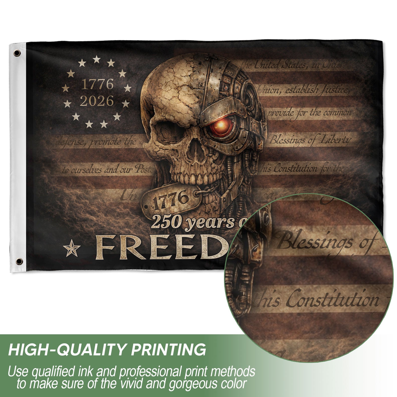 United States of 250 Years America Anniversary Flag 1776-2026 Mechanical Metal Cyber Skull Patriotic Flag