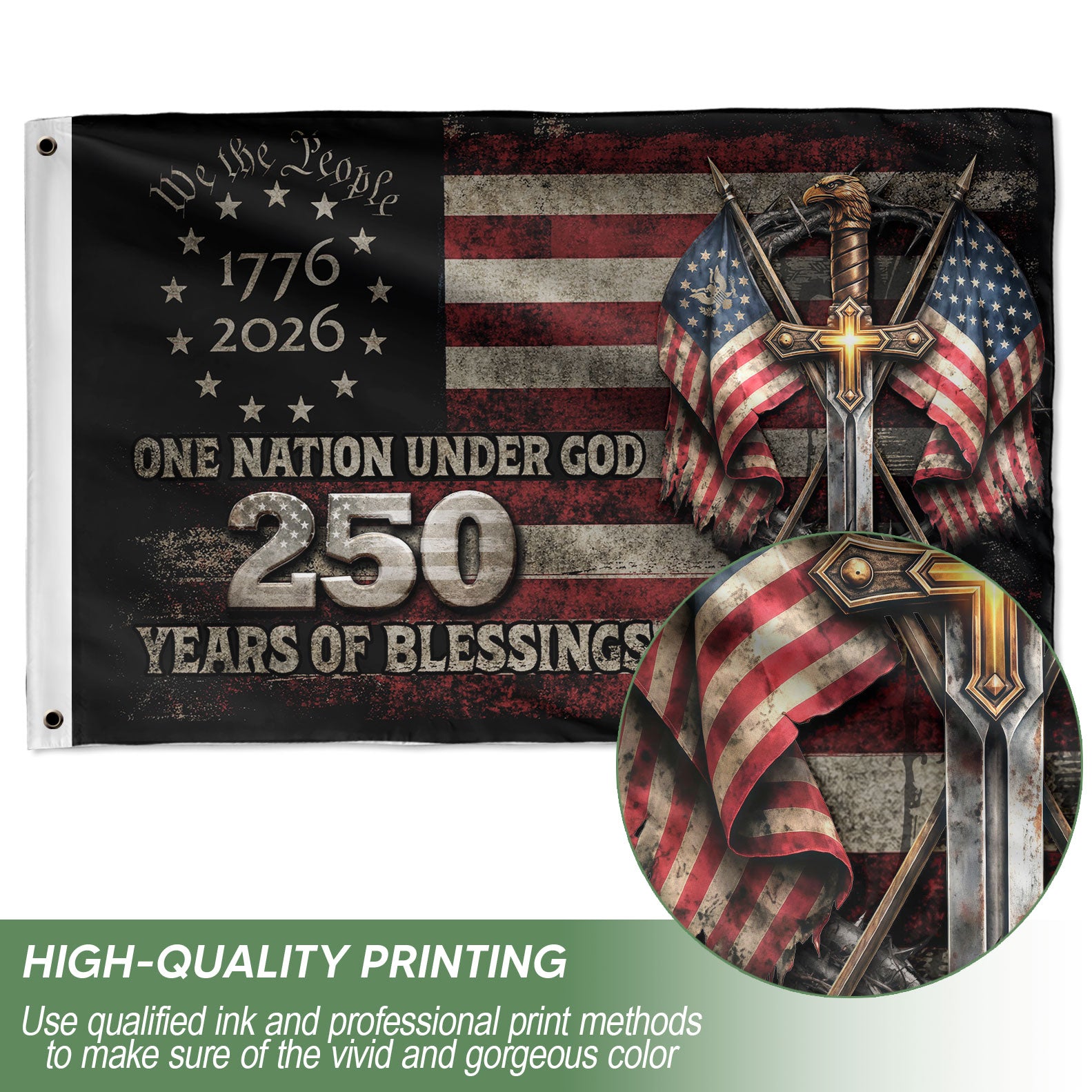 250 Years America Anniversary Flag 1776–2026 Christian Patriotic Decor - Rust Field Wear