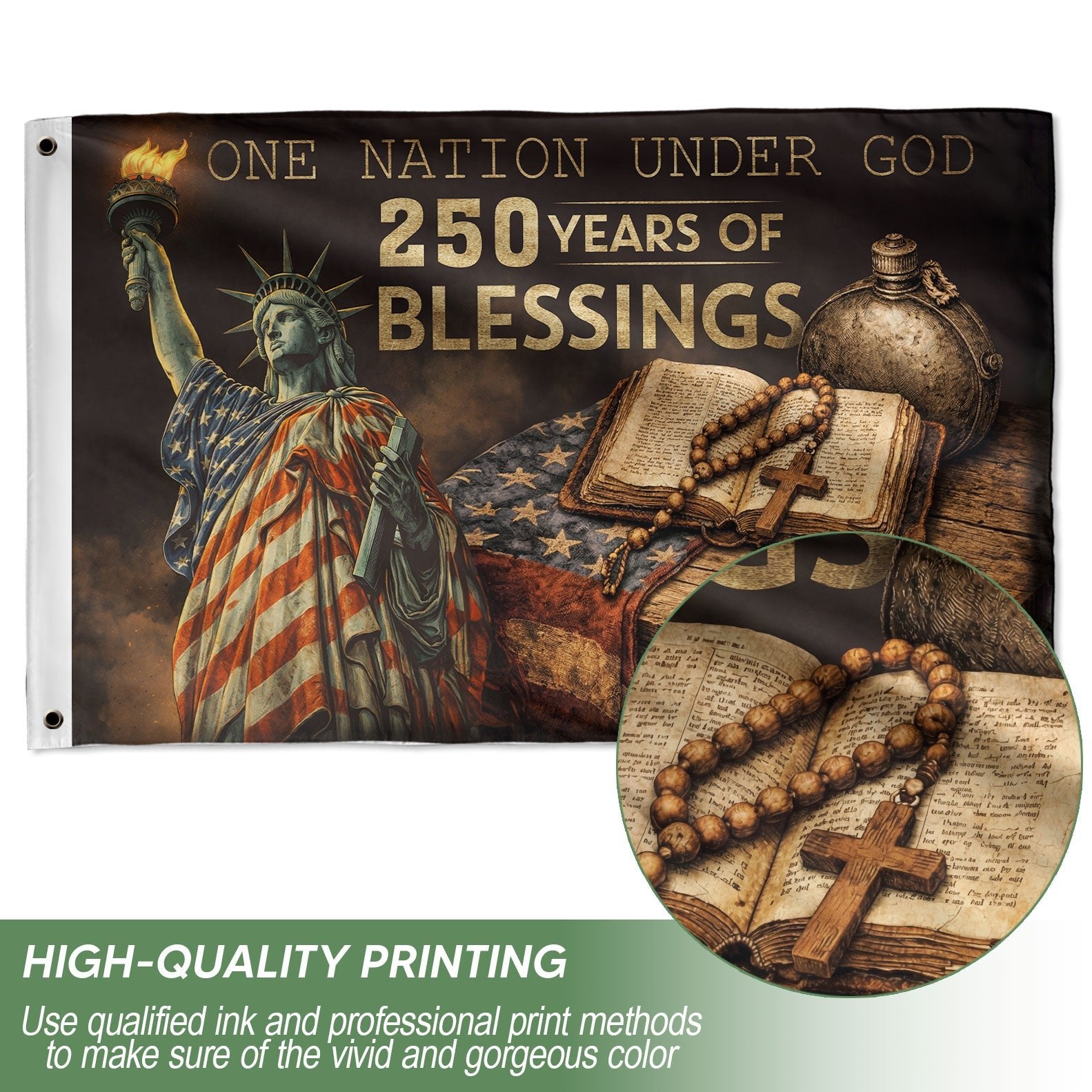 250 Years of Blessings Cross Flag – One Nation Under God Christian USA Anniversary Outdoor Flag 1776–2026 - Rust Field Wear