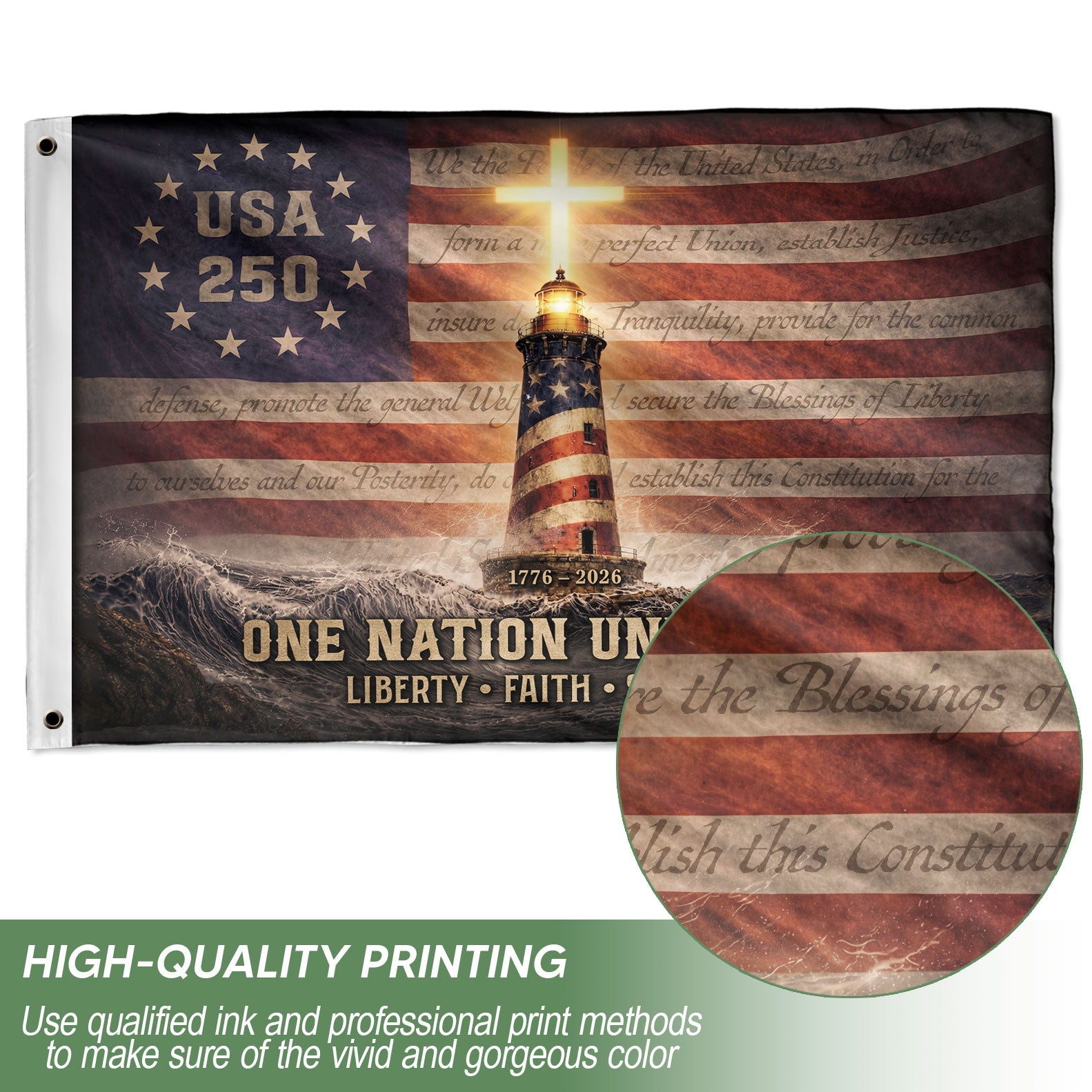 USA 250 Lighthouse Cross Flag – One Nation Under God Christian Patriotic Outdoor Flag 1776–2026 - Rust Field Wear